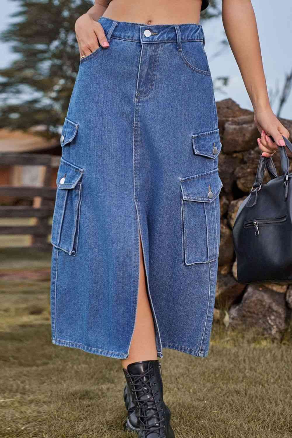Slit Front Midi Denim Skirt with Pockets Medium