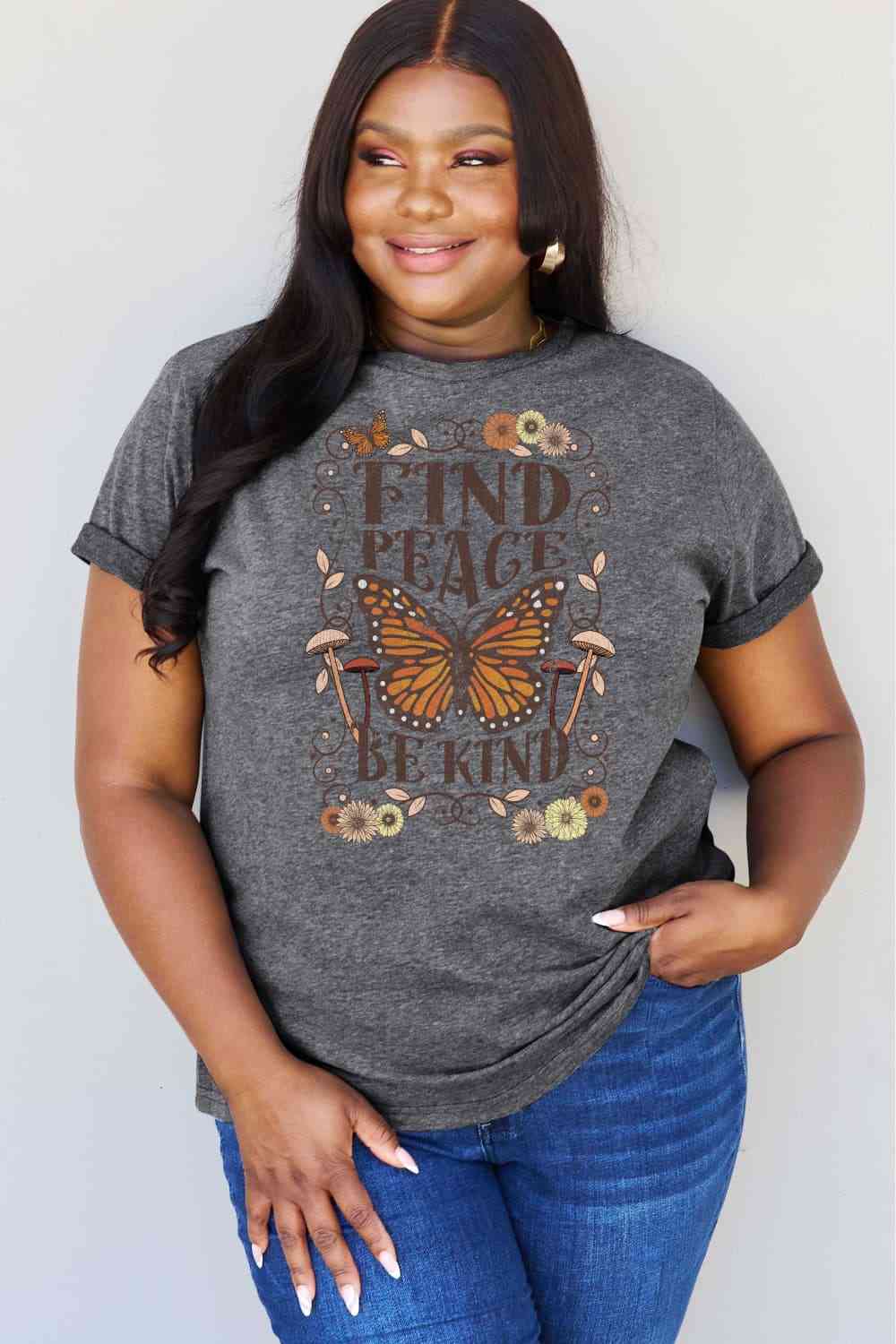 Simply Love Full Size FIND PEACE BE KIND Graphic Cotton T-Shirt Charcoal