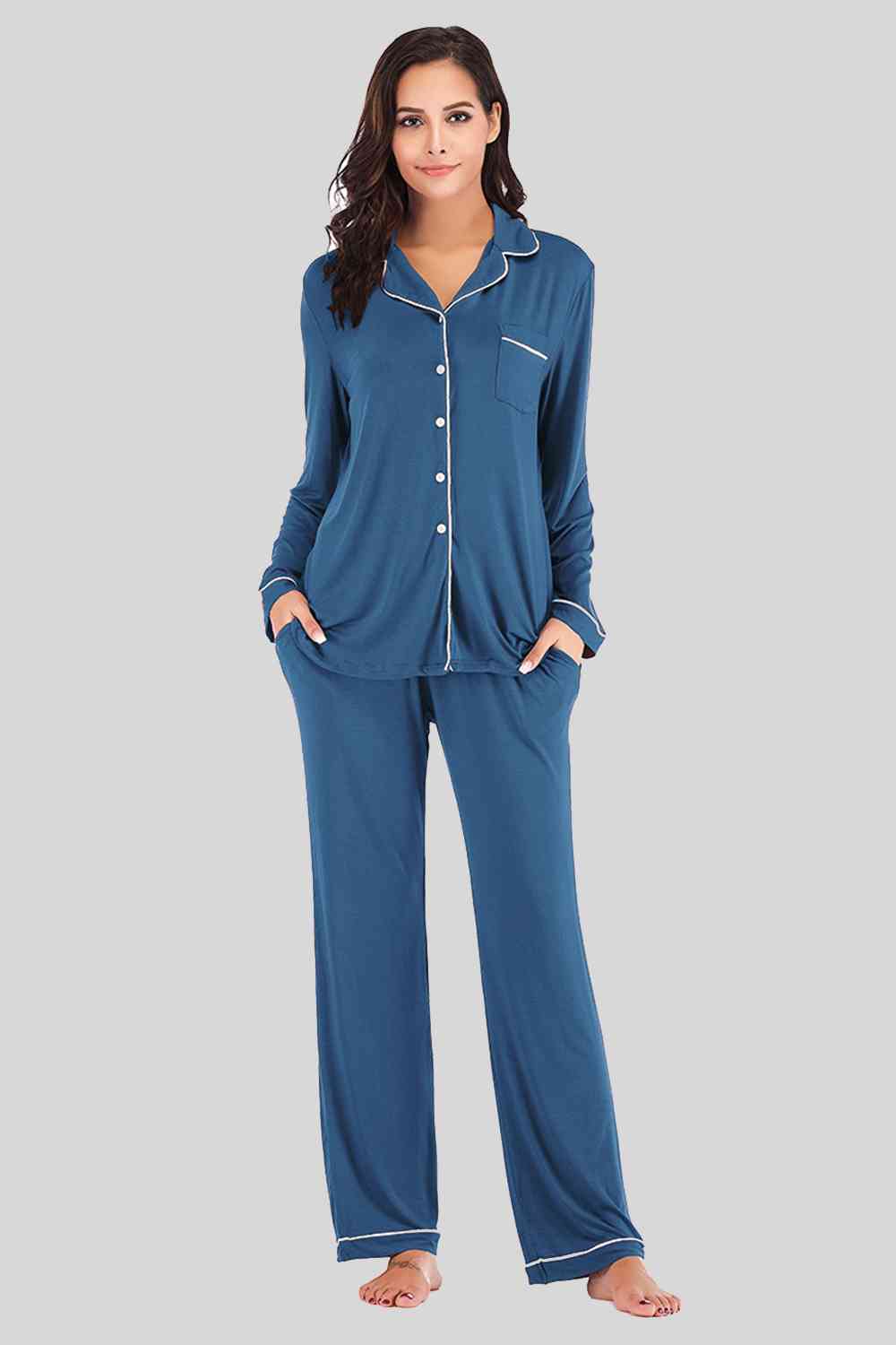 Collared Neck Long Sleeve Loungewear Set with Pockets Peacock Blue