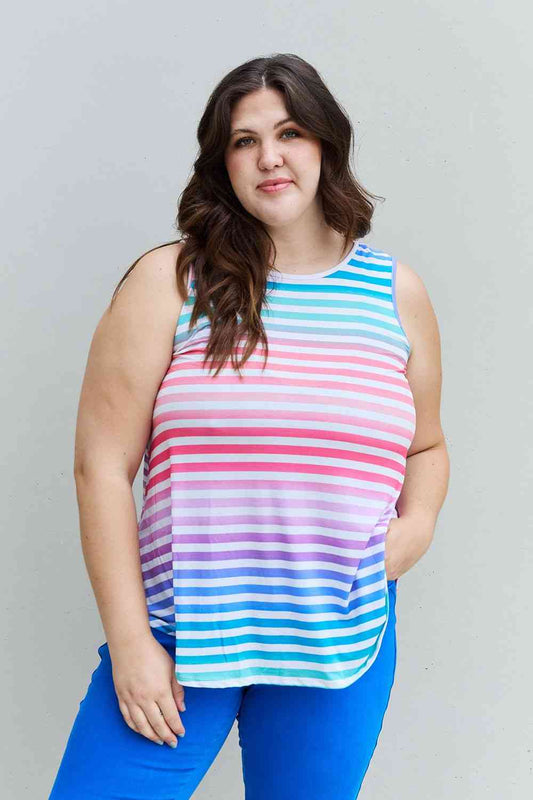 Heimish Love Yourself Full Size Multicolored Striped Sleeveless Round Neck Top Multicolor