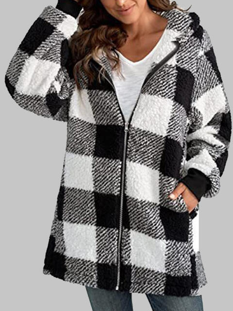 Plaid Zip-Up Hooded Jacket with Pockets Black
