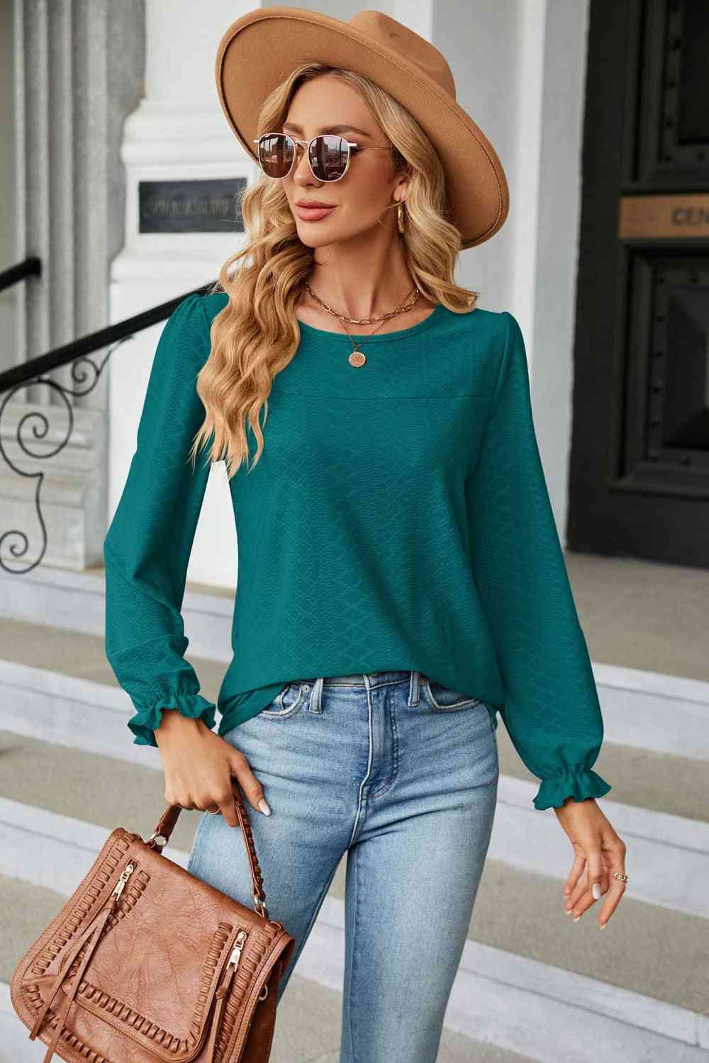 Round Neck Flounce Sleeve Blouse Deep Teal