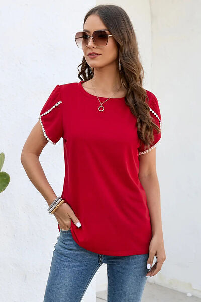 Round Neck Petal Sleeve T-Shirt Red