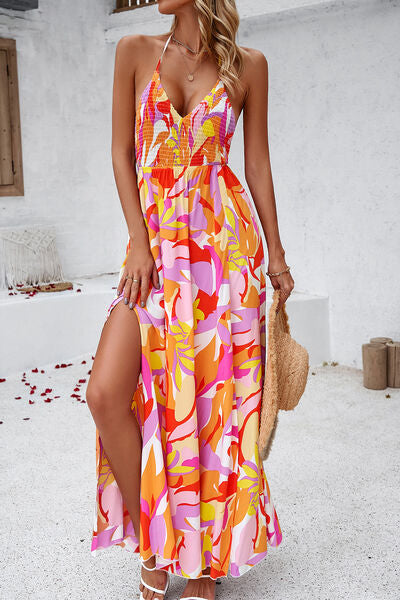 Smocked Slit Tied Printed Dress Coral