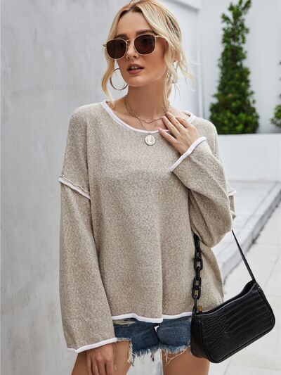 Boat Neck Dropped Shoulder Sweater Beige