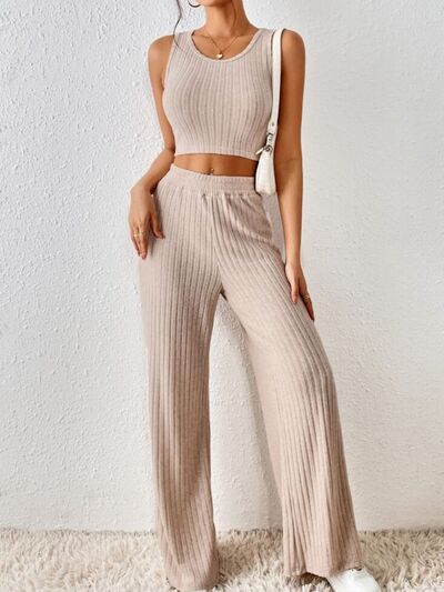 Ribbed Round Neck Tank and Pants Sweater Set Sand