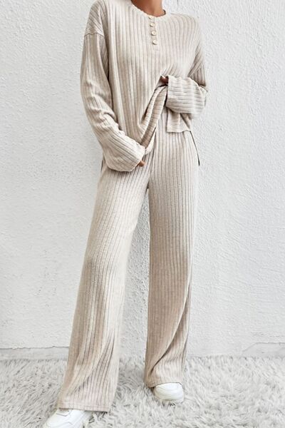 Ribbed Half Button Knit Top and Pants Set Light Gray