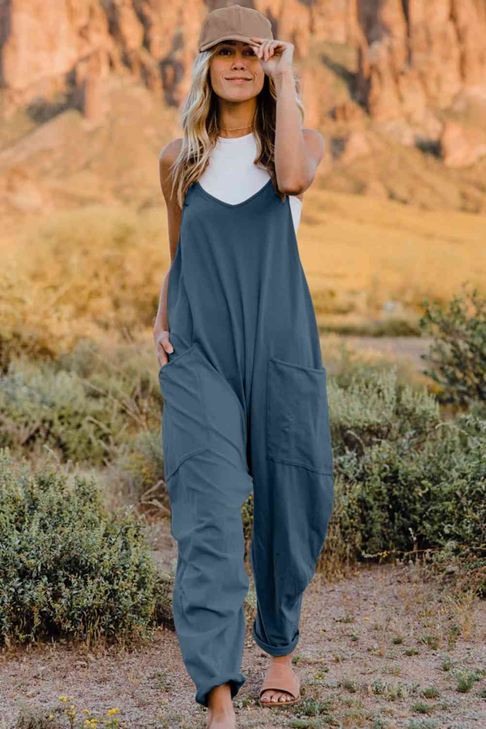 Double Take V-Neck Sleeveless Jumpsuit with Pocket Peacock Blue