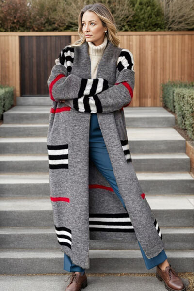 Striped Open Front Long Sleeve Longline Sweater Cardigan Charcoal