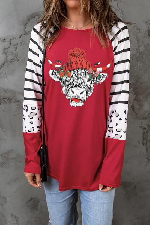 Bull Graphic Striped Long Sleeve T-Shirt Deep Red