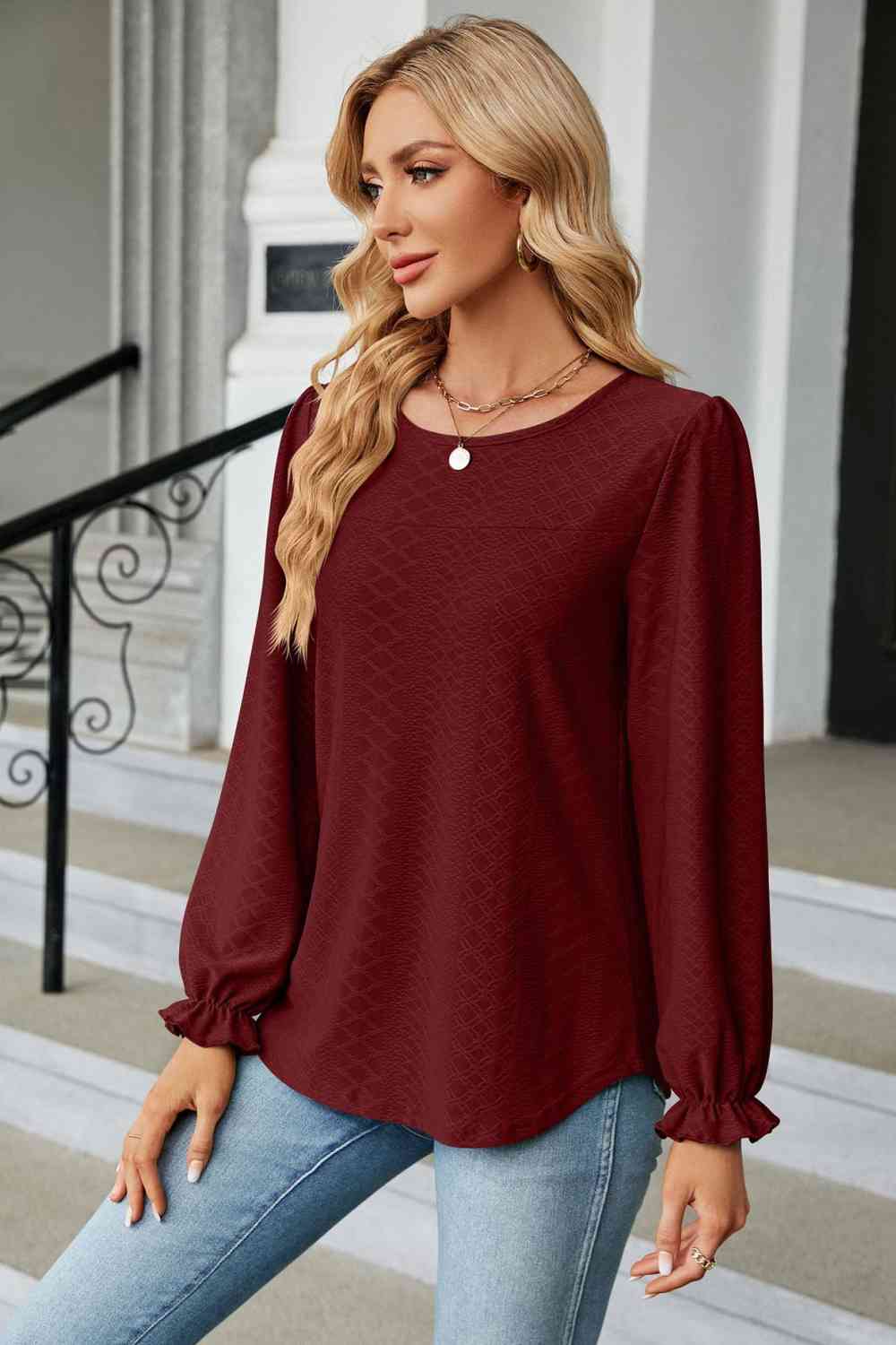 Round Neck Flounce Sleeve Blouse