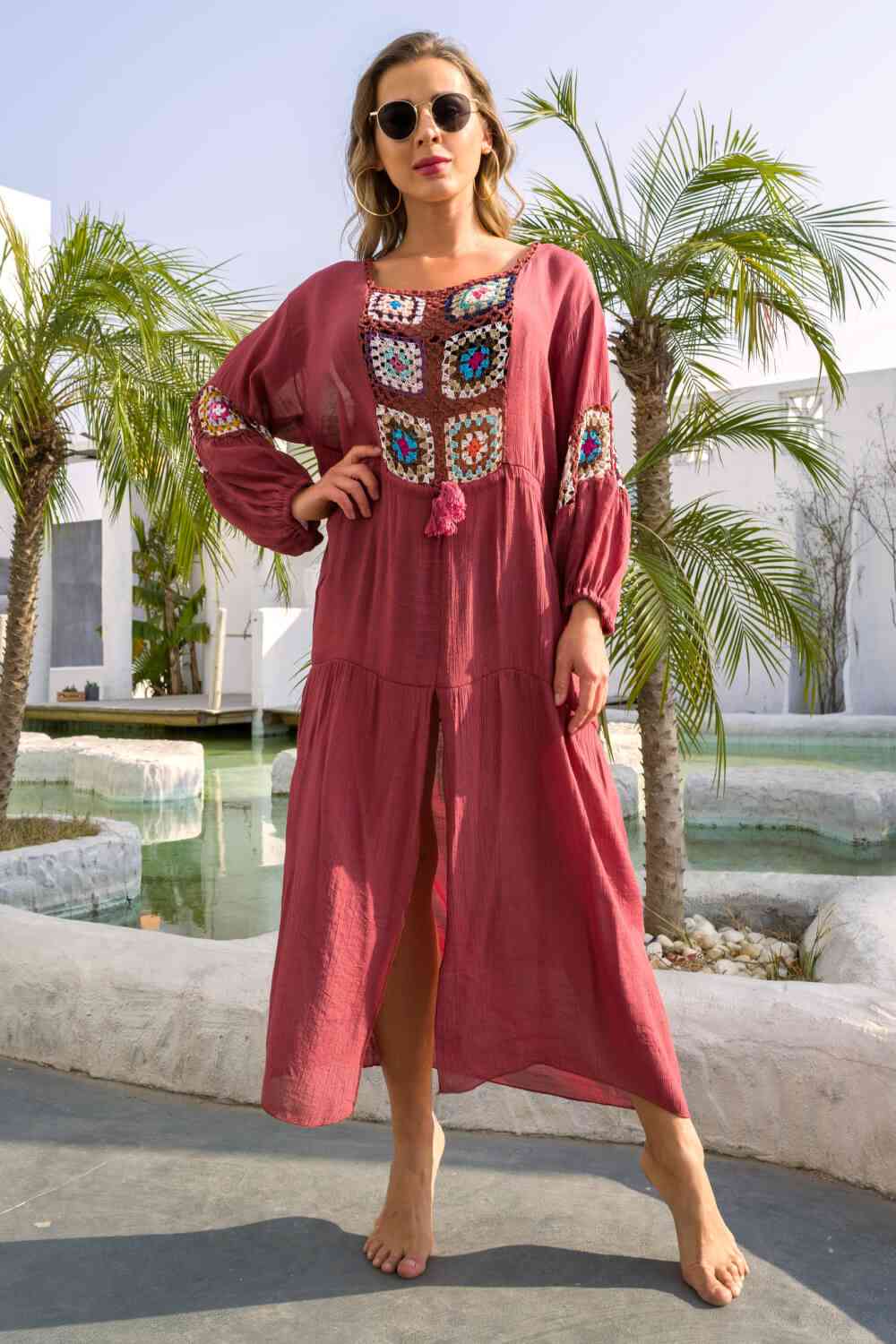 Bohemian Graphic Front Split Dress Deep Red One Size