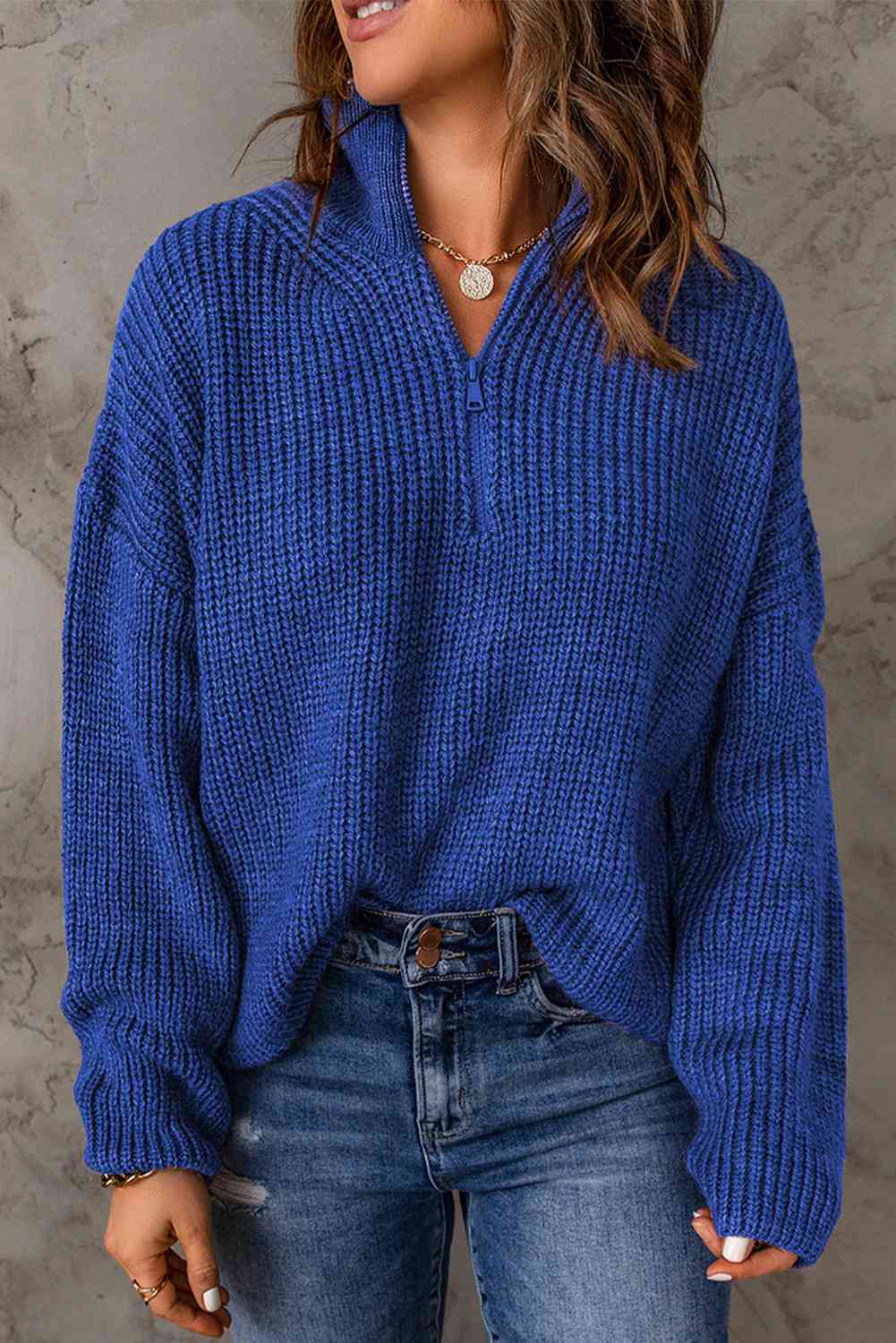 Woven Right Half Zip Rib-Knit Dropped Shoulder Sweater Royal Blue