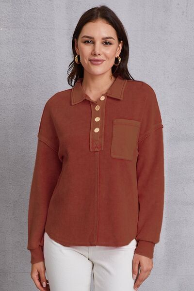 Quarter Button Dropped Shoulder Sweatshirt Burnt Umber