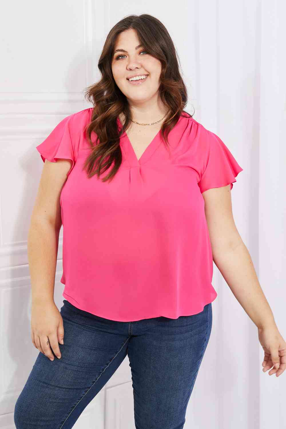 Sew In Love Just For You Full Size Short Ruffled Sleeve Length Top in Hot Pink Hot Pink