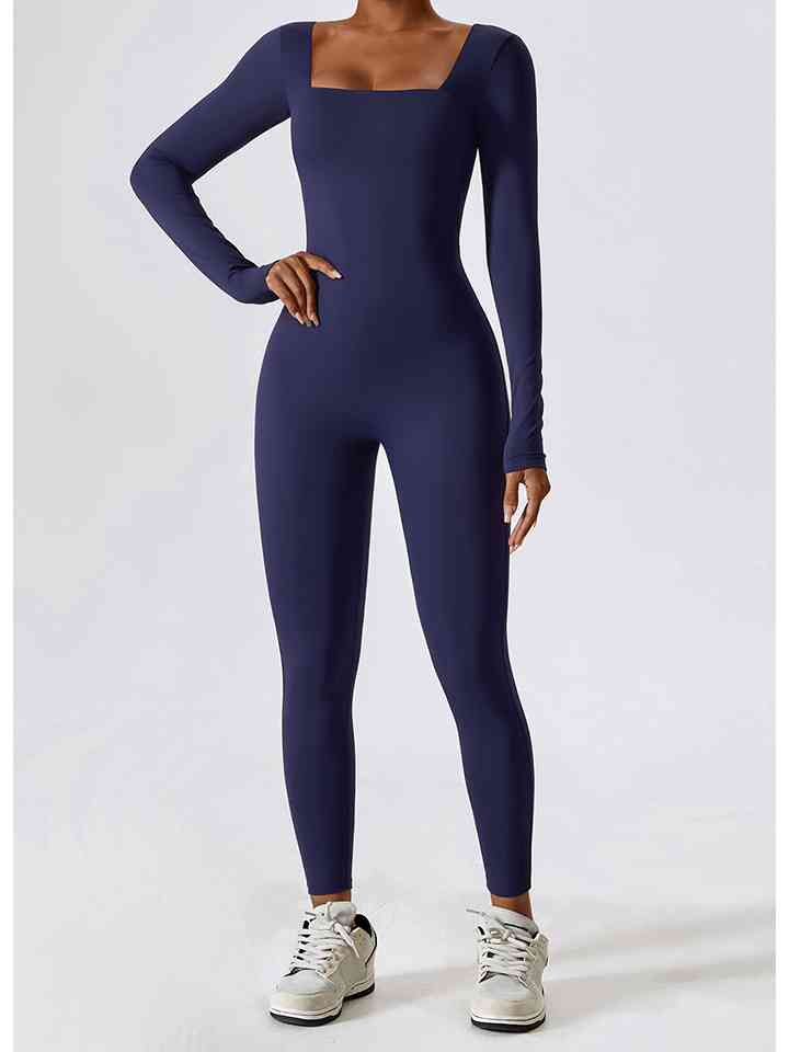 Square Neck Long Sleeve Sports Jumpsuit Navy