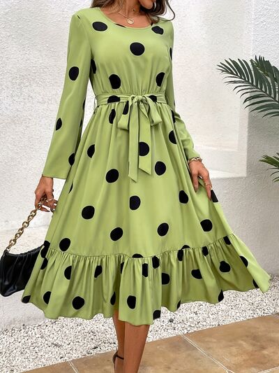 Tied Polka Dot Round Neck Ruffle Hem Dress Lime