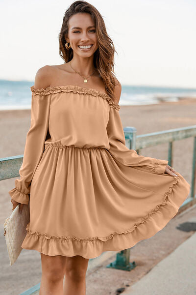 Frill Off-Shoulder Flounce Sleeve Dress Sherbet