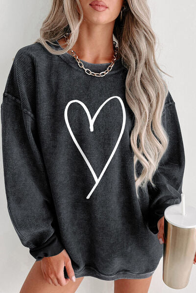 Heart Round Neck Dropped Shoulder Sweatshirt Black