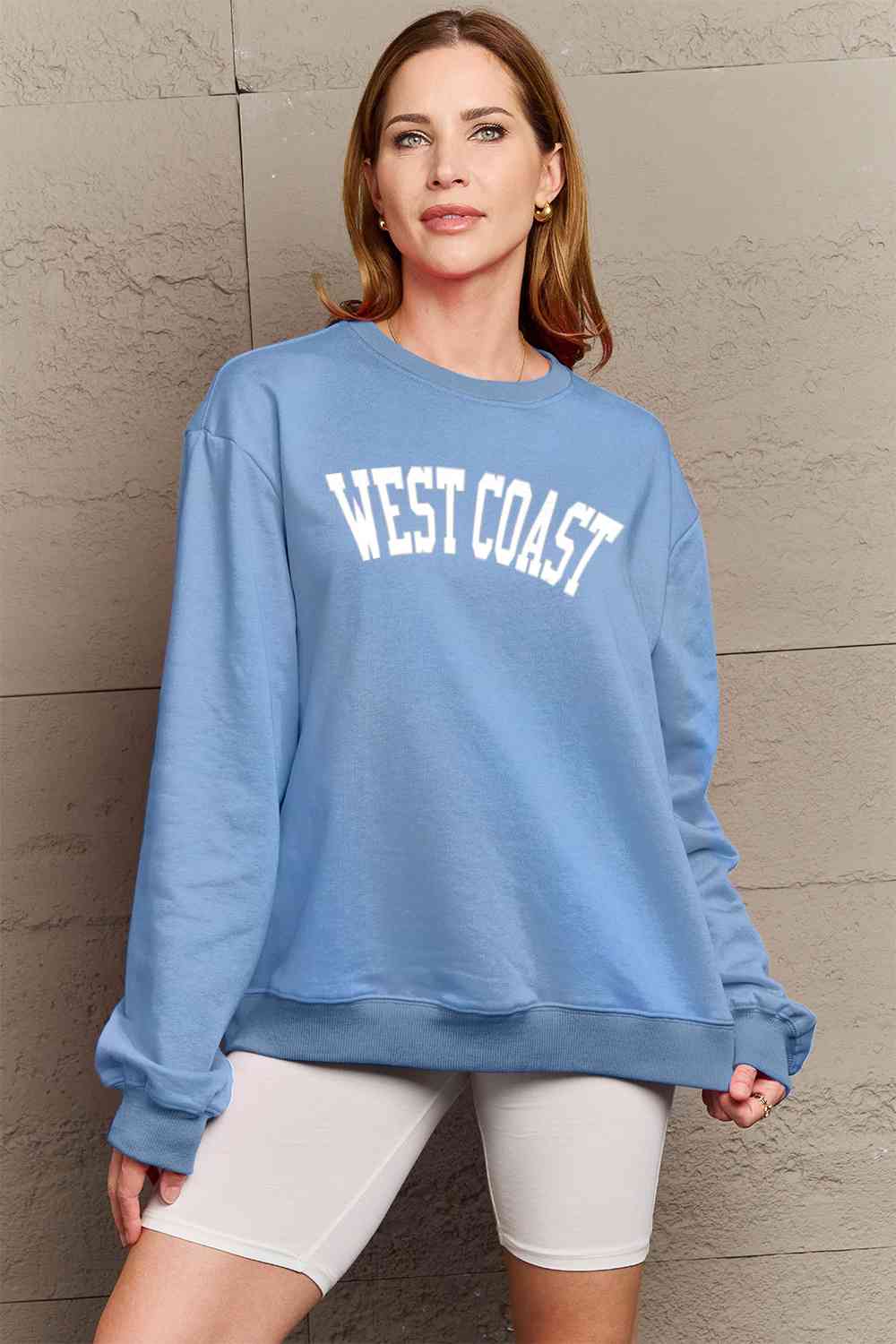 Simply Love Full Size WEST COAST Graphic Long Sleeve Sweatshirt Misty Blue