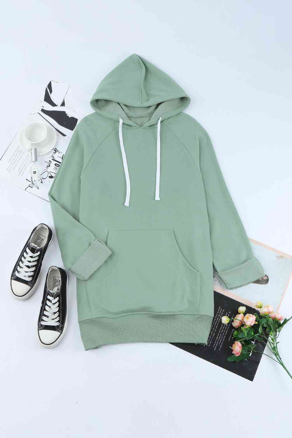 Side Slit Raglan Sleeve Hoodie Green