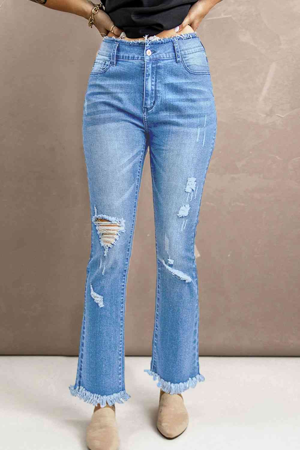 Baeful High Waist Distressed Raw Hem Jeans Light Blue
