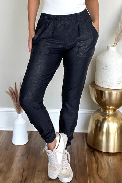 Elastic Waist Joggers with Pockets Black