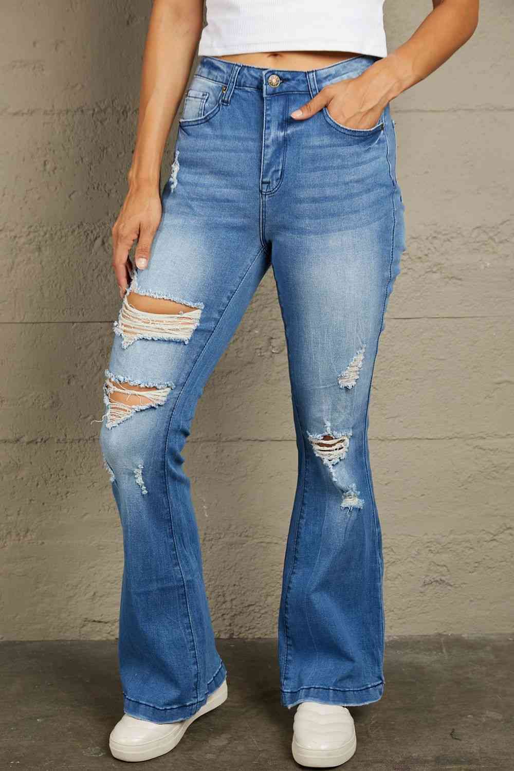 Baeful Distressed Flare Leg Jeans with Pockets Medium Wash