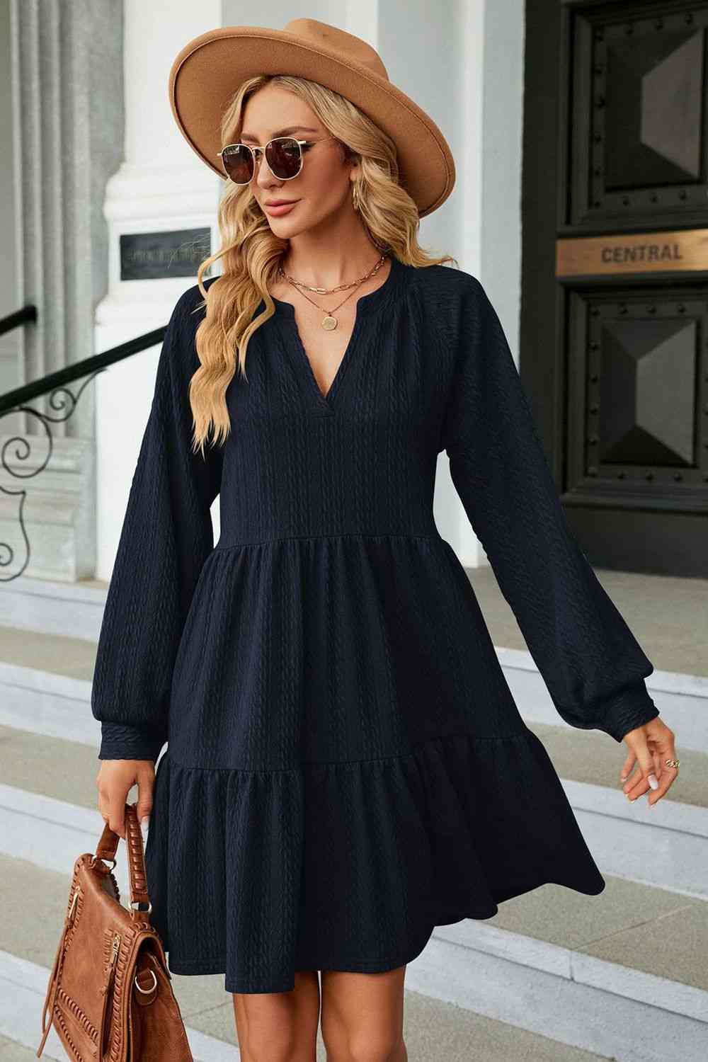 Notched Neck Long Sleeve Mini Dress Navy