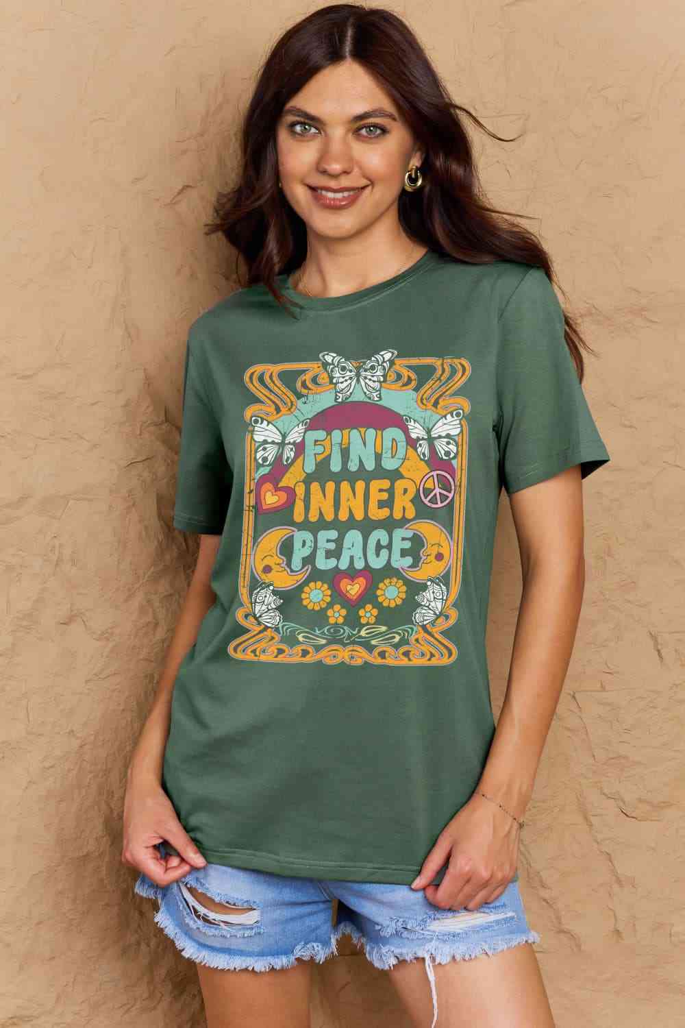 Simply Love Full Size FIND INNER PEACE Graphic Cotton T-Shirt Green