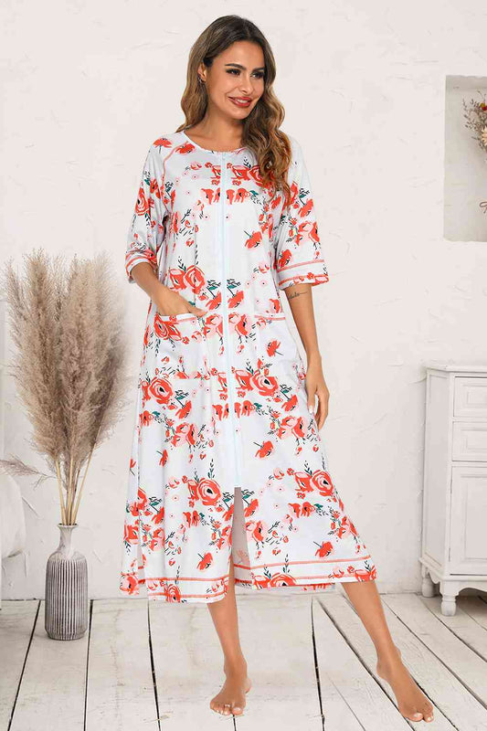 Printed Slit Night Dress with Pockets Burnt Coral