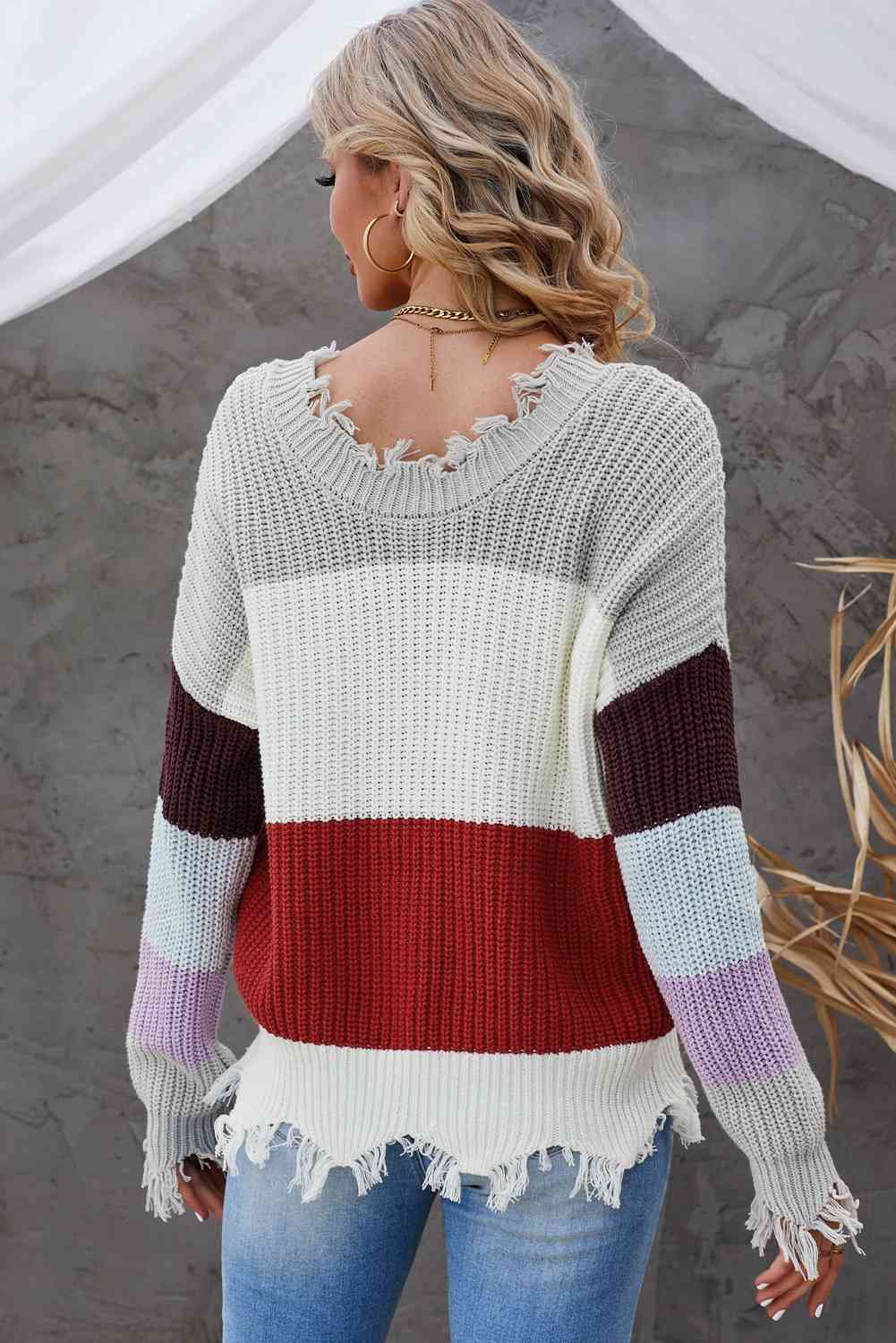 Woven Right Color Block Distressed V-Neck Ribbed Sweater