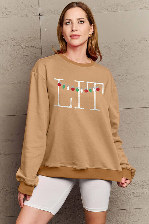 Simply Love Full Size LIT Long Sleeve Sweatshirt Camel