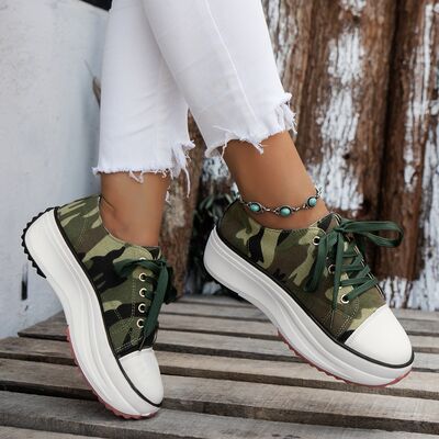 Contrast Trim Round Toe Platform Canvas Sneakers Green Camouflage