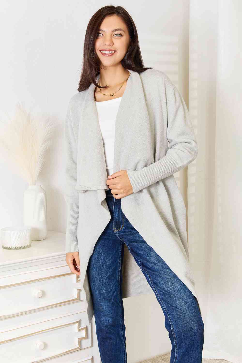 Double Take Open Front Duster Cardigan with Pockets Light Gray