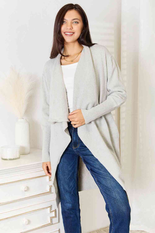 Double Take Open Front Duster Cardigan with Pockets Light Gray