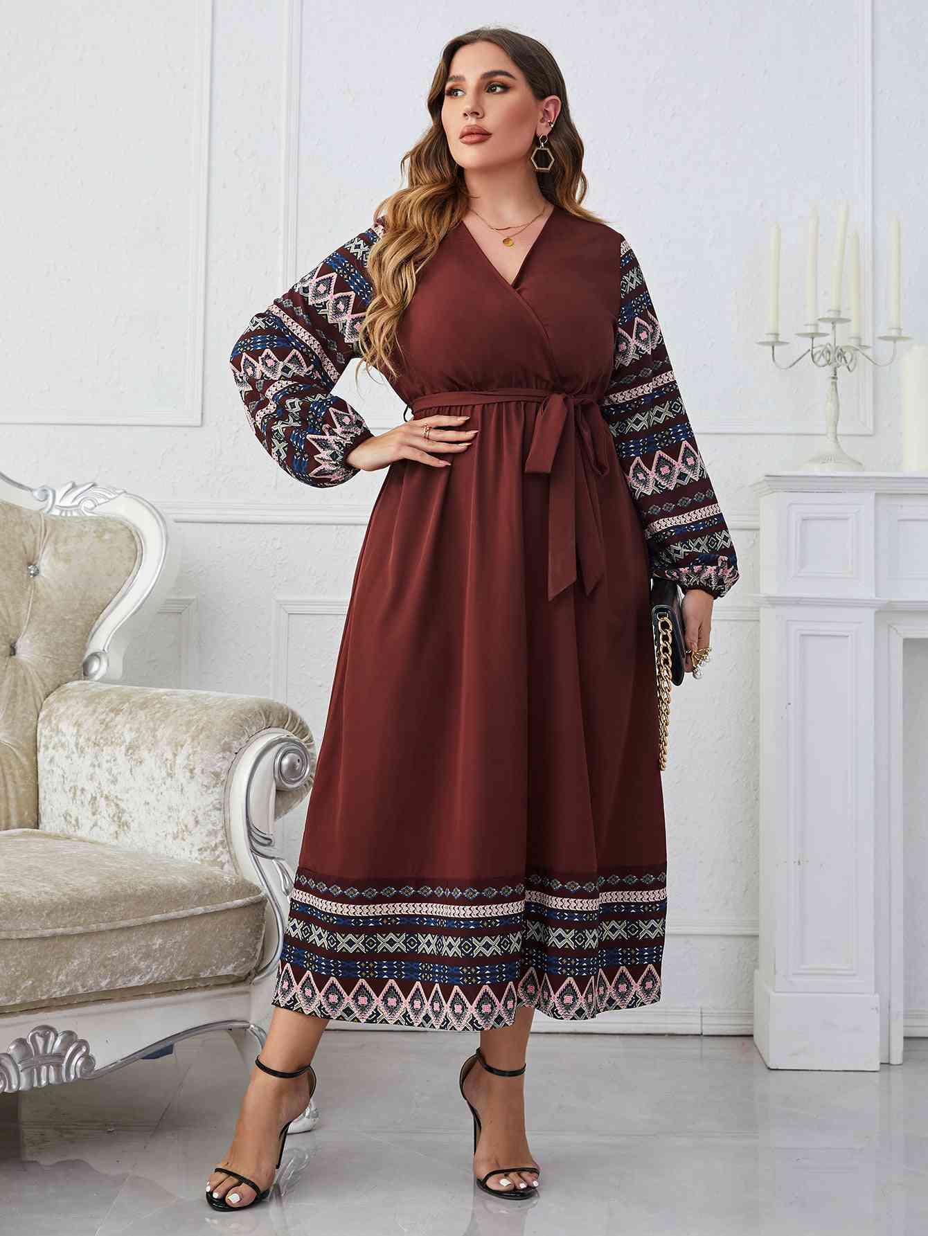 Melo Apparel Plus Size Surplice Neck Tie Belt Balloon Sleeve Dress Chestnut