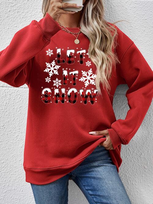 LET IT SNOW Round Neck Long Sleeve Sweatshirt Deep Red