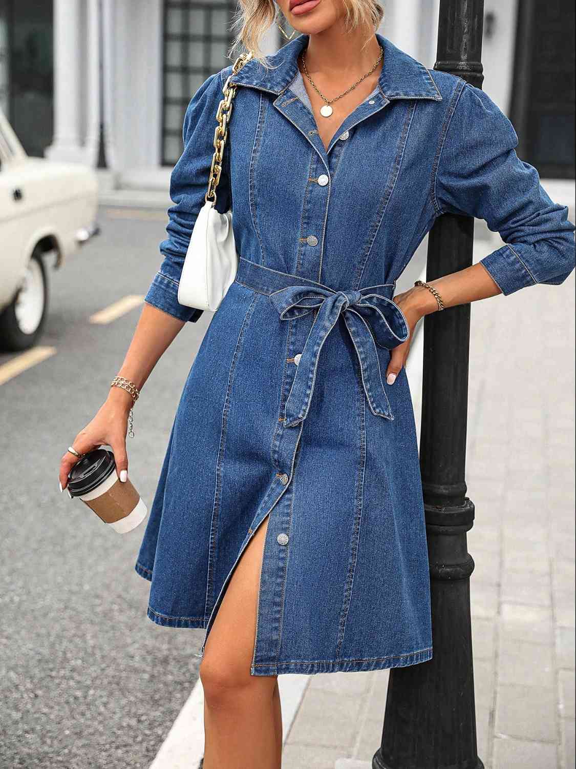 Button Down Long Sleeve Denim Dress Medium