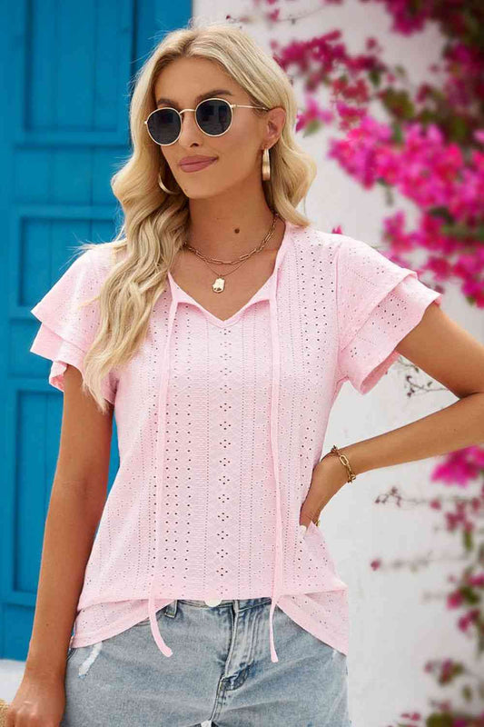 Eyelet Tie-Neck Flutter Sleeve Blouse Blush Pink