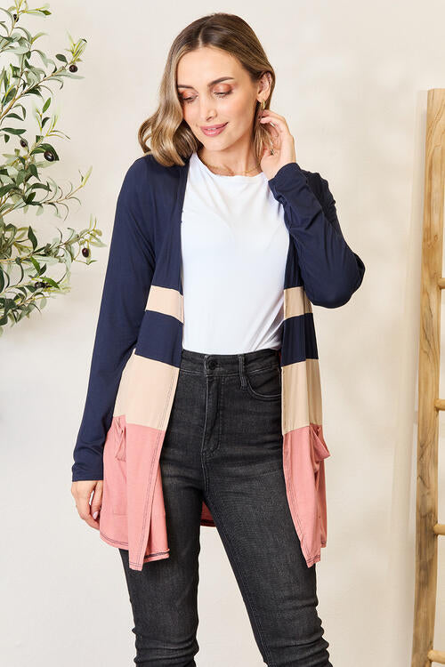 e.Luna Full Size Color Block Contrast Open Cardigan Light Brick