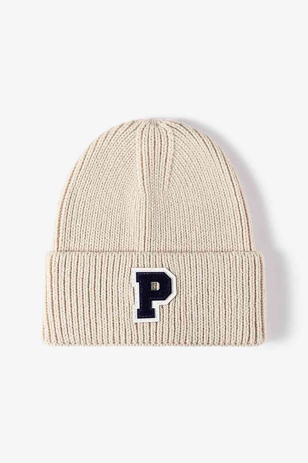 Letter Patch Cuffed Knit Beanie Beige One Size