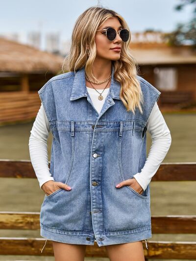 Button Up Collared Neck Sleeveless Denim Jacket Dusty Blue