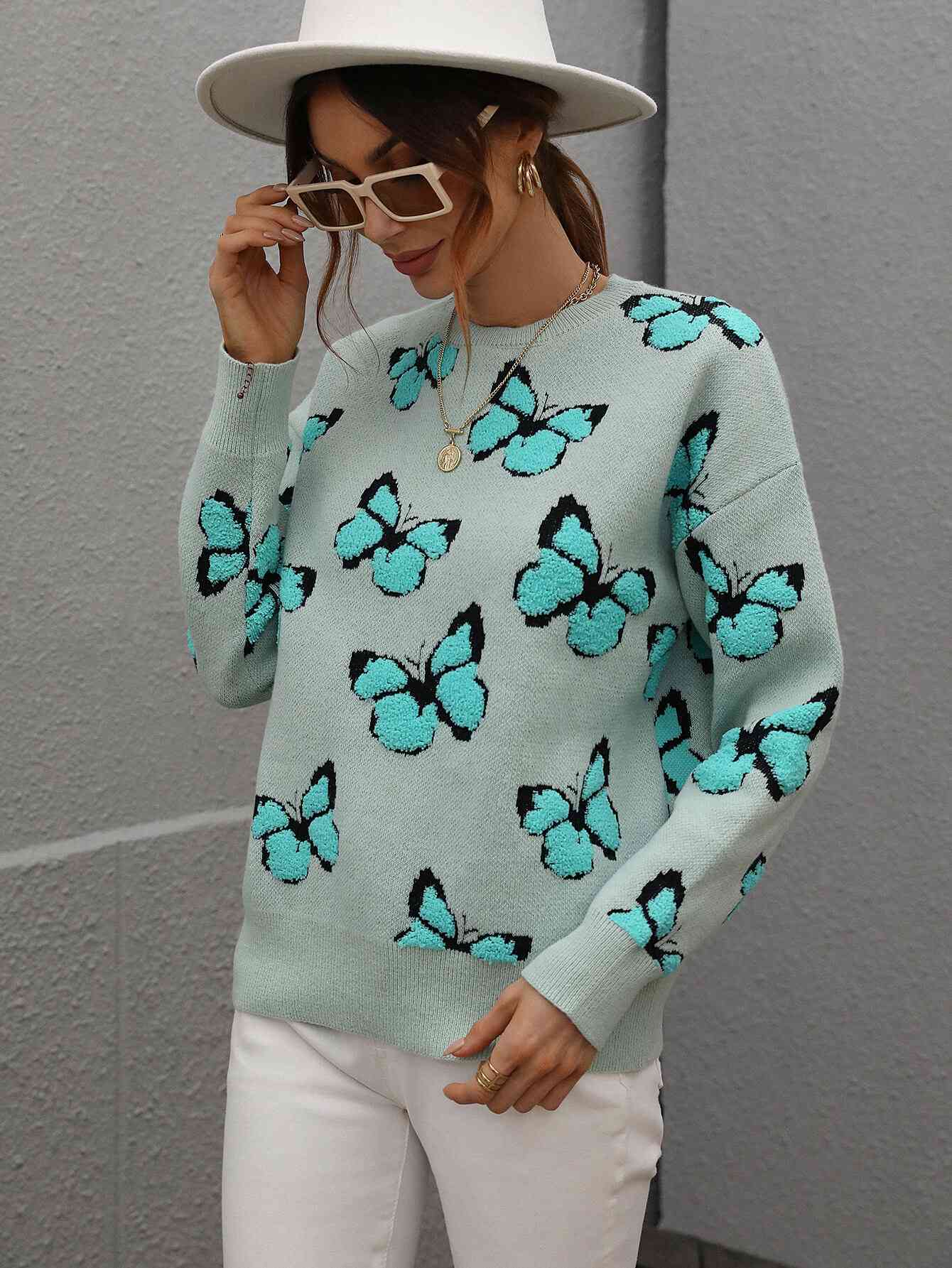 Woven Right Butterfly Dropped Shoulder Crewneck Sweater Green