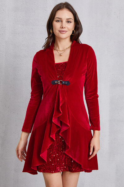 Sequin Ruffle Hem Long Sleeve Mini Dress Deep Red