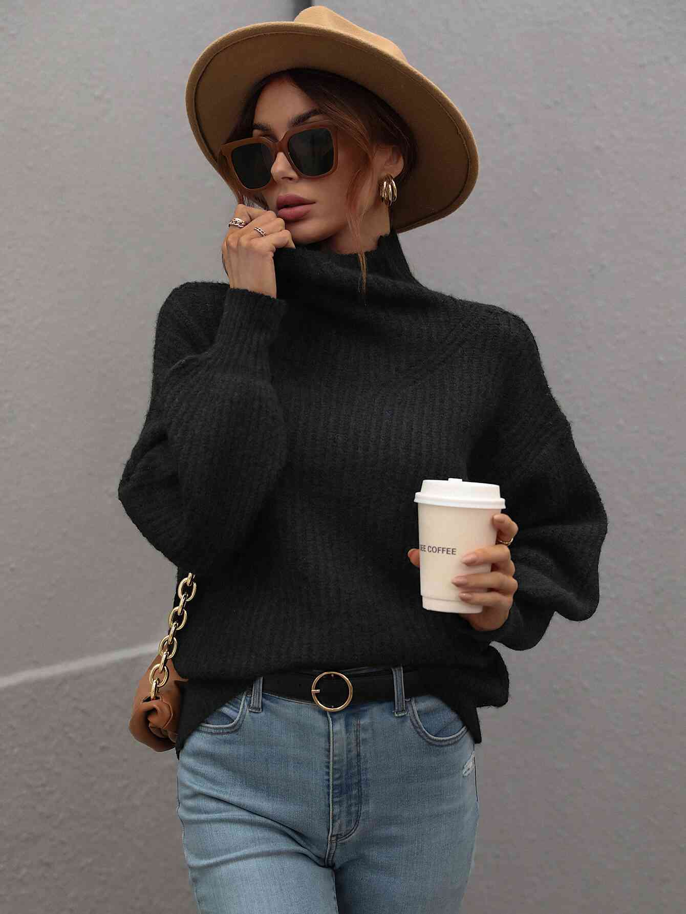 Woven Right High Neck Balloon Sleeve Rib-Knit Pullover Sweater Black