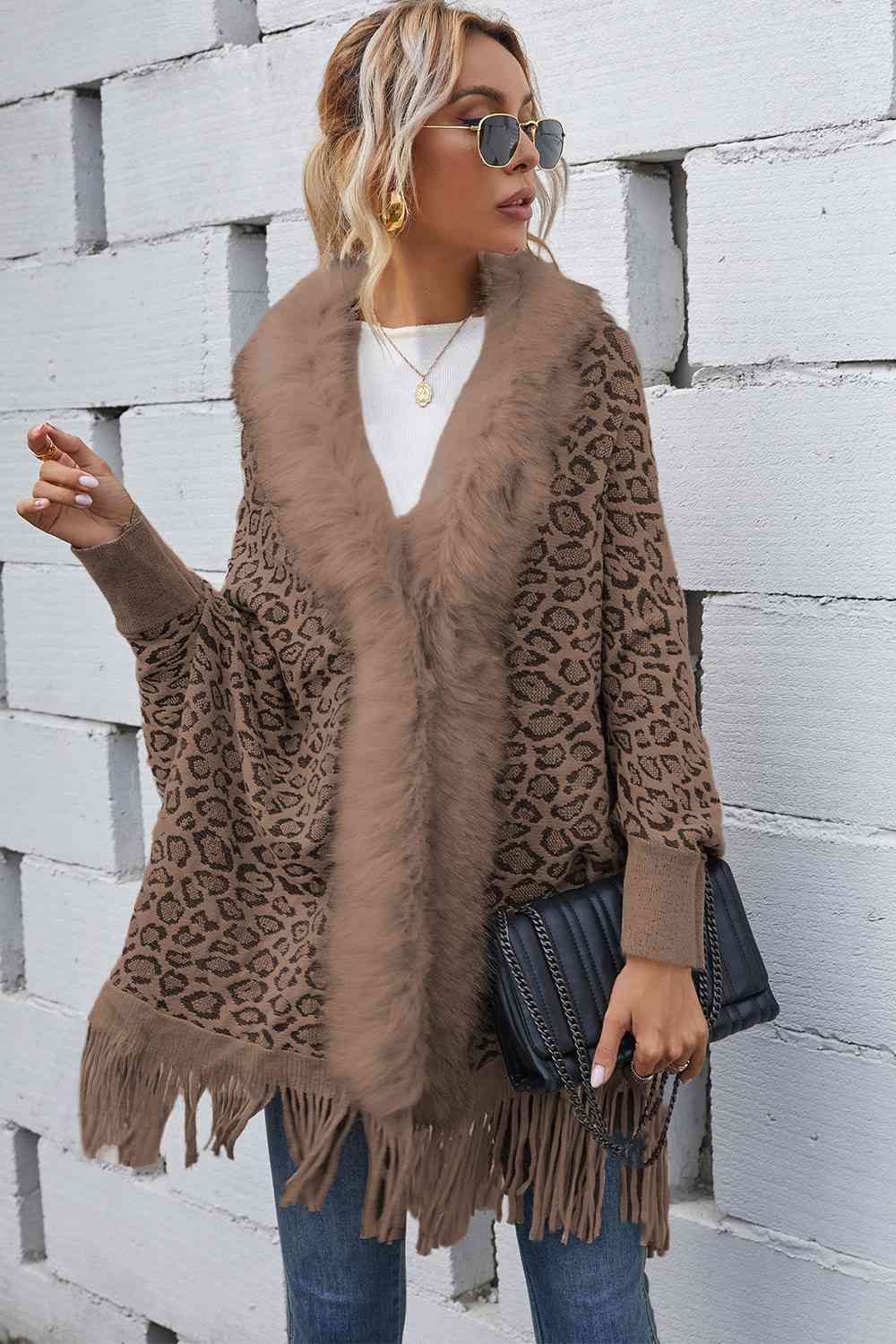 Leopard Fringe Detail Poncho Khaki