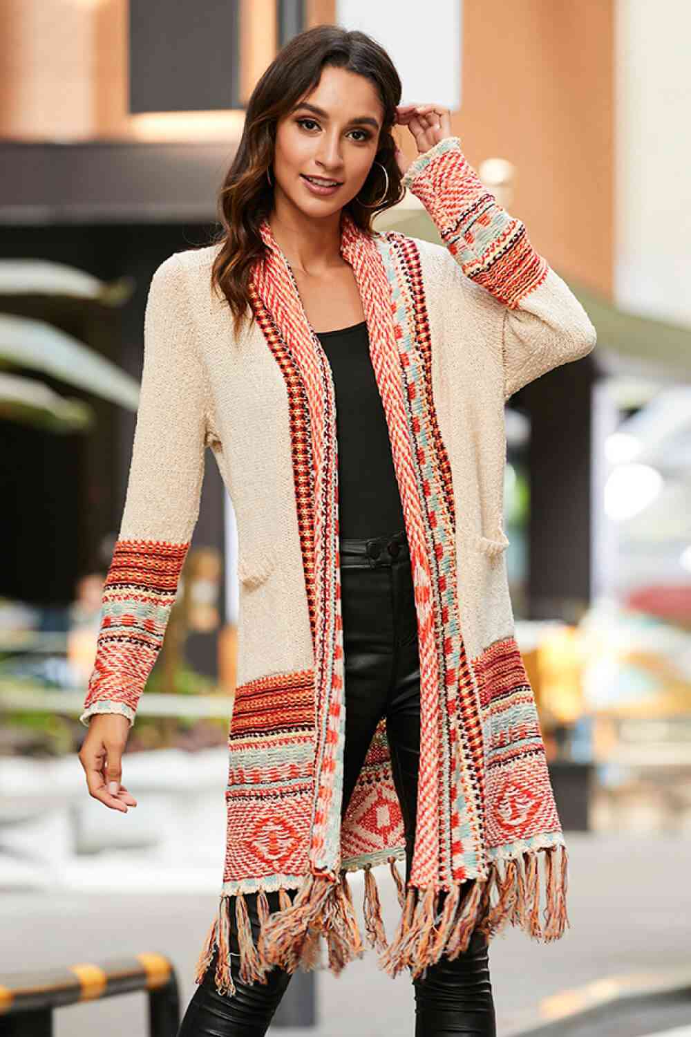 Multicolored Tassel Hem Open Front Cardigan Cream