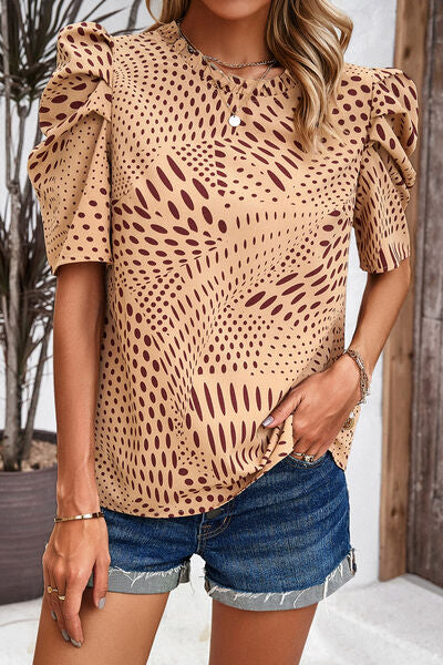 Tied Printed Puff Sleeve Blouse Tan