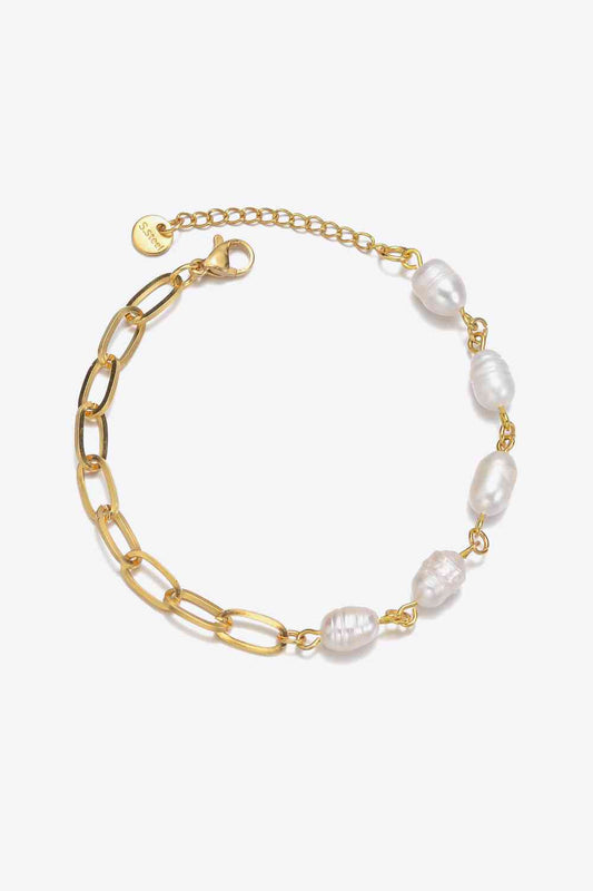 Half Pearl Half Chain Stainless Steel Bracelet Gold One Size